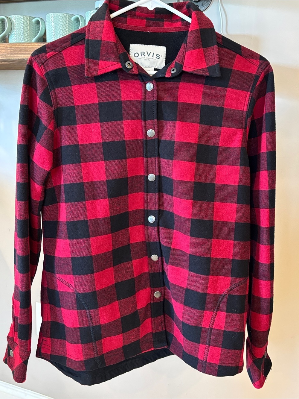 Orvis Fleece Lined Buffalo Plaid Shacket Snap Front Jacket Red Black M